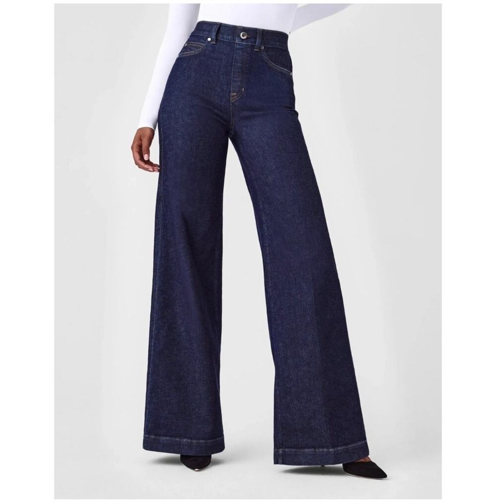 Spanx Jeans Womens Medium Blue Raw Indigo Wide Leg Pull On Stretch High Rise